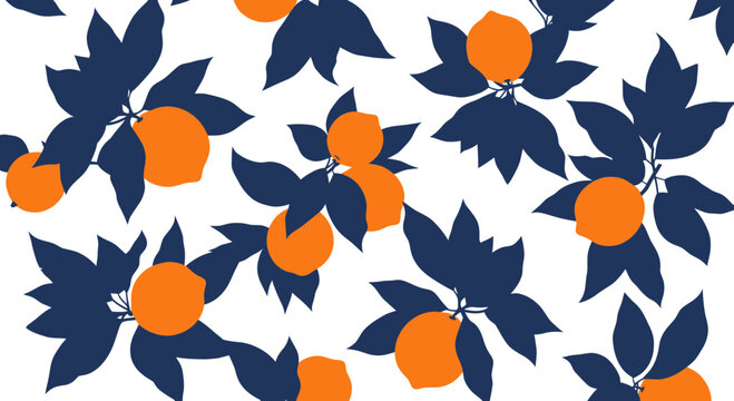 Vibrant Orange Citrus Fruits and Navy Blue Leaves Pattern