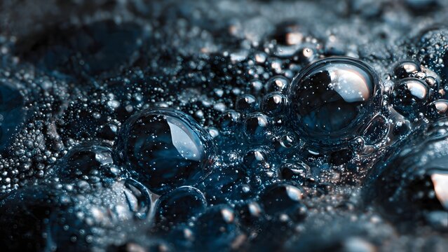 A macro close-up of fresh transparent water drops on a black background creates an abstract liquid texture of clean blue aqua dew and wet bubbles