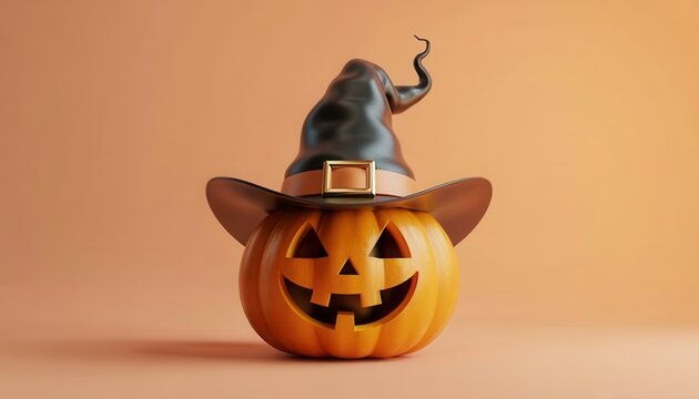 3d render of a carved halloween pumpkin wearing a witch hat isolated on a solid orange background