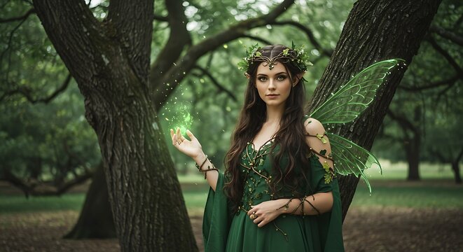 Mulher com asas e coroa de flores segurando uma luz brilhante em um cen&aacute;rio de floresta.