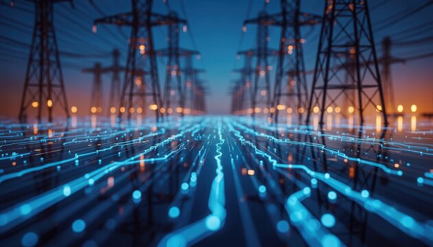 Digital energy grid concept with glowing circuit board lines and high voltage power transmission towers