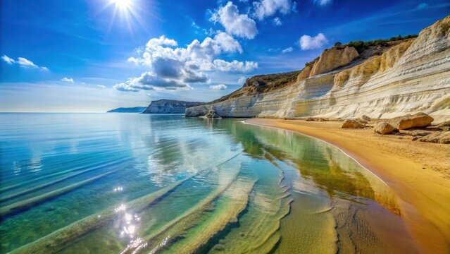 Title A photo of a serene beach at Scala dei Turchi, with crystalclear waters reflecting the turquoise sky and soft golden sand stretching into