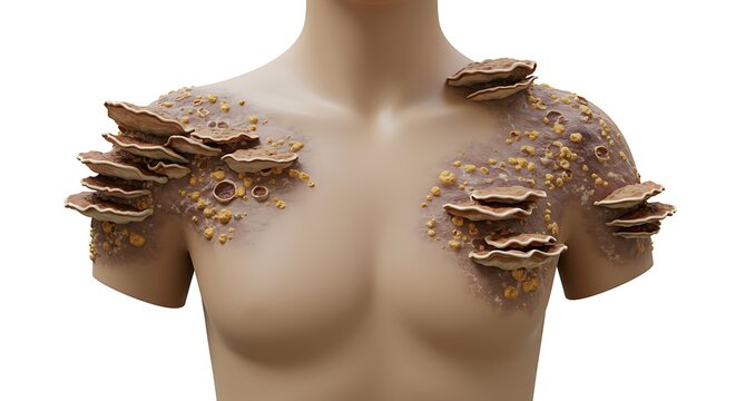 Manequim de torso com crescimento f&uacute;ngico, arte conceitual sobre fundo branco.