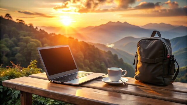 A photo of an empty screen laptop, cup of coffee, and backpack with a mountain view at sunrise in the morning