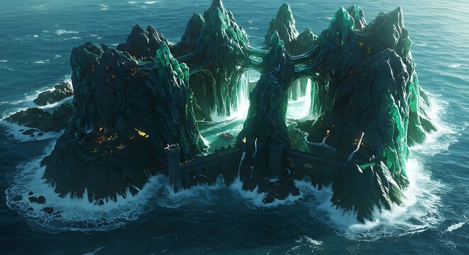 Ilustra&ccedil;&atilde;o de uma ilha esmeralda emergindo das &aacute;guas do oceano em uma paisagem fant&aacute;stica.