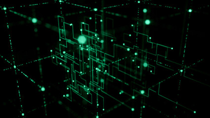 Obraz premium An abstract digital technology background featuring a futuristic green binary code pattern with glowing light lines and matrix data textures for a modern cyberspace communication design concept
