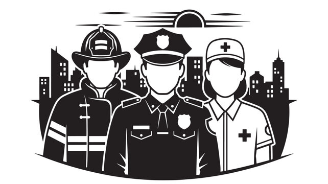 First responders including firefighter, police officer, and nurse standing together in black and white illustration