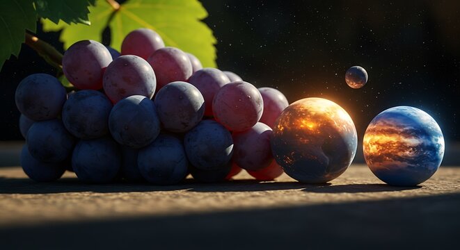 Composi&ccedil;&atilde;o surreal de uvas e esferas planet&aacute;rias sob ilumina&ccedil;&atilde;o dram&aacute;tica.