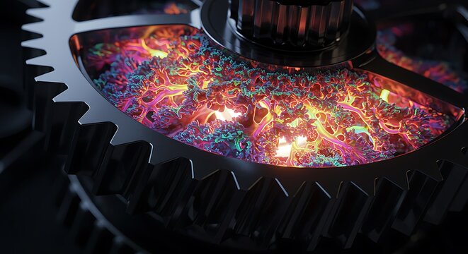 Mecanismo de engrenagem abstrato com energia colorida em seu interior