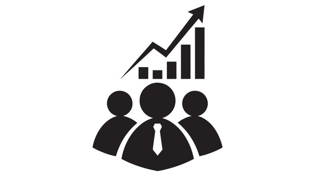 Whiskers icon of whisking family users with upward arrow chart, bold solid silhouettes for analytics dashboard interface