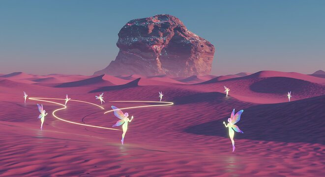 Ilustra&ccedil;&atilde;o de fadas dan&ccedil;ando em uma paisagem des&eacute;rtica sob um c&eacute;u rosa.