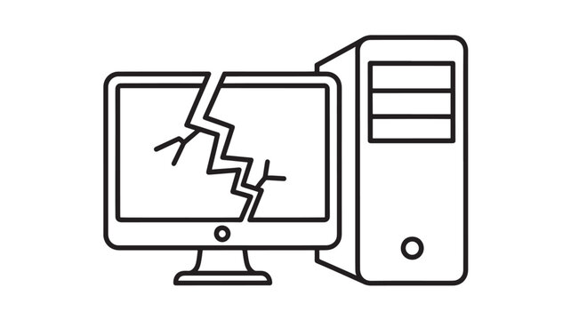 Computer monitor with cracked screen and desktop tower icon featuring technology, digital, device with broken and error elements for malfunction,
