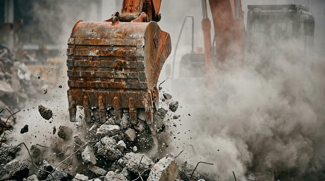 Excavator bucket breaking concrete and rubble, creating dust on demolition site, representing heavy construction work.