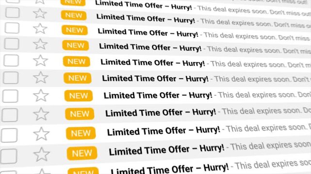 Limited Time Offer - Hurry! messages appear throughout an animated digital inbox. Perfect for showcasing sales urgency, online promotions, and digital marketing campaigns.