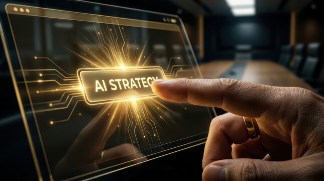 AI strategy button finger pressing digital interface futuristic technology glowing button human hand touchscreen innovation business concept technology interaction