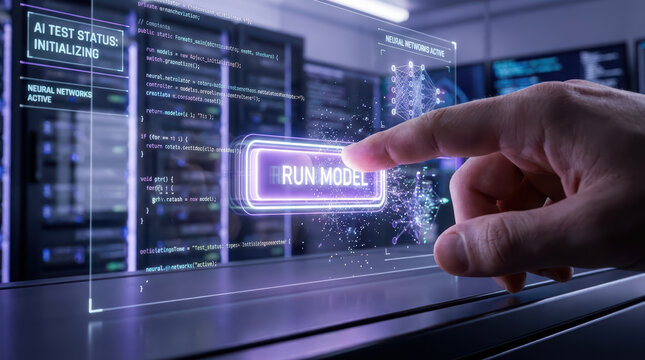 AI test status Initializing Neural network Run model Finger pressing Technology Digital interface Holographic display Data processing Software development Artificial intelligence Computer screen