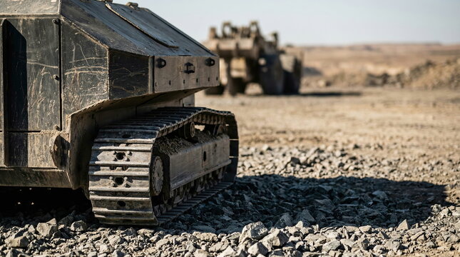 Tracked vehicle system on rocky terrain in arid industrial environment, autonomous defense technology concept.
