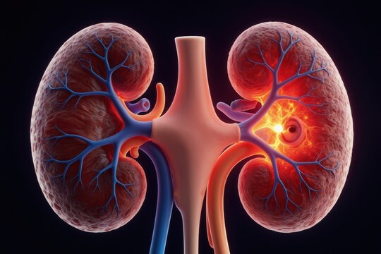 Illustration of human kidneys showing internal vascular network and signs of inflammation or damage. Medical representation of kidney health and disease processes, vital organ anatomy.