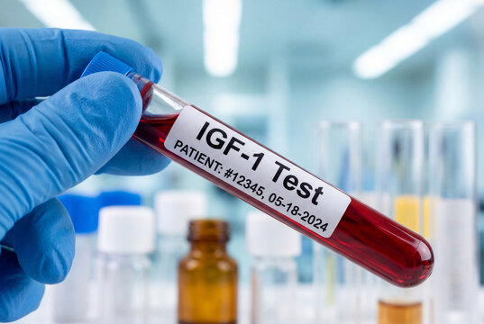 Doctor holds a blood sample for IGF 1 test in a lab for medical analysis and diagnosis
