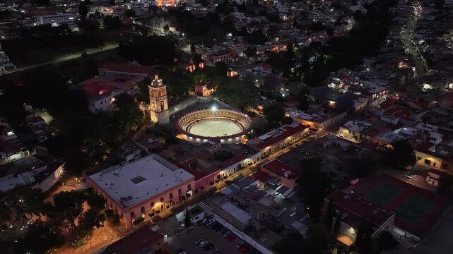Drone Orbit Over Historic Area of Tlaxcala Mexico at Sunset
