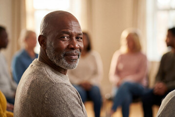 Obraz premium Portrait of a thoughtful senior african american man in a mental health support group