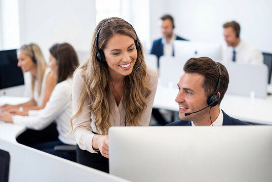 Female manager training a call center agent at his desk in an office