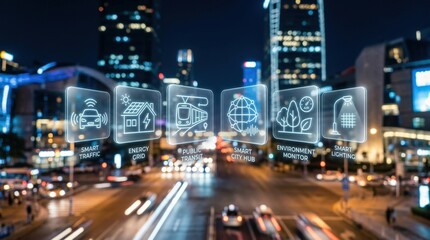 Obraz premium Smart City Technology Concepts Digital Interface Over Modern Urban Landscape at Night