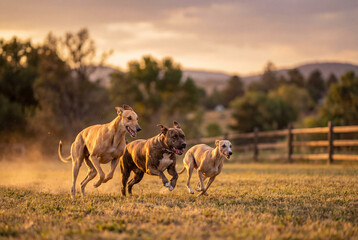Fototapeta premium Three athletic dogs enthusiastically racing together across a grassy field at sunset