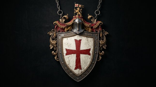 A highly detailed medieval knight's shield featuring a red cross, adorned with an ornate helmet, golden crest, and a lion banner