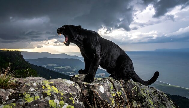 A black panther perches on a rocky outcrop overlooking a valley