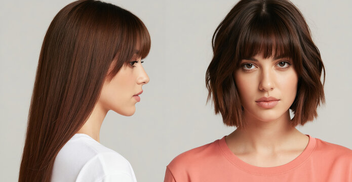 Side profile woman with long brown hair and bangs. Next to her, a woman has a shorter bob haircut with fringe. Hair transformation comparison.