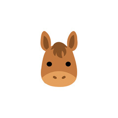 Obraz premium A flat vector illustration of a horse or pony head shown from a front-facing perspective. The character is rendered in a warm brown palette with a lighter tan snout and a darker brown tuft of hair