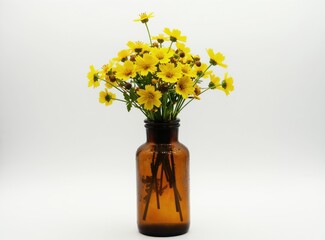 Fototapeta premium Small yellow wildflowers sit in a brown glass bottle against a clean white background. Simple indoor studio shot captures delicate floral beauty. Minimal composition highlights nature.