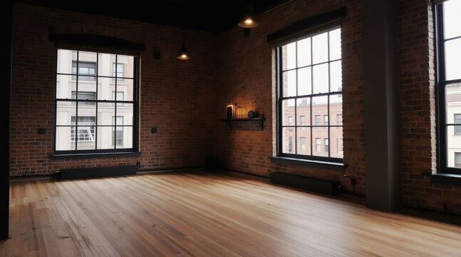 Empty loft interior with large windows brick walls and hardwood floor. Urban space has industrial design elements natural light and open layout.