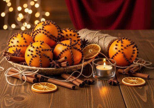 Festive orange pomanders with cloves and cinnamon on wooden table with cozy candlelight