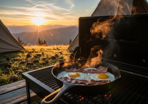 Sunrise camping breakfast with frying eggs and bacon on outdoor grill near tents