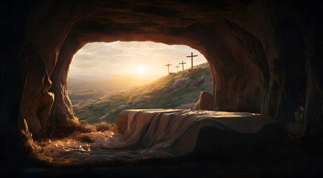 Empty tomb of Jesus Christ with burial shroud on stone slab. Resurrection of messiah at sunrise with three crosses on hill. Holy religion concept of Easter Sunday faith victory.