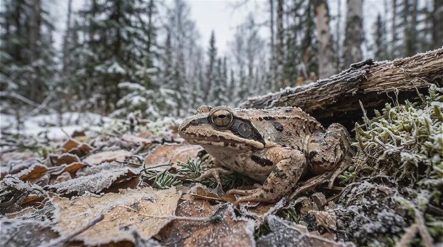 The Wood Frog (Lithobates sylvaticus or Rana sylvatica) in Alaskan forest. This creature can tolerate freezing of its blood vessels for a long duration. It also can hibernate during the winter