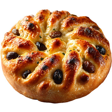 Golden Fougasse Bread with Olives and Herbs. Freshly Baked French Pastry. Delicious Savory Snack