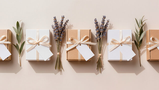 minimal flat lay of wrapped wedding favors and lavender on beige background, elegant gift box arrangement for bridal event, neutral luxury stationery and celebration styling