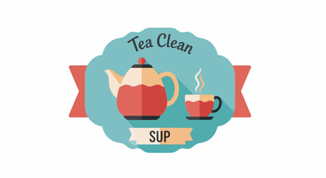 Flat Design Tea Set Emblem with "Tea Clean SUP"