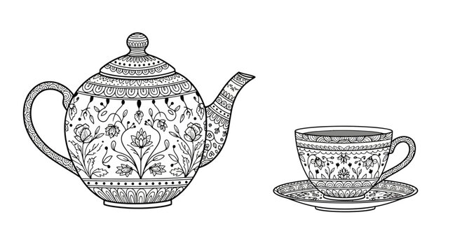 Elegant Teapot and Cup with Floral Mandala Design, Black and White Line Art