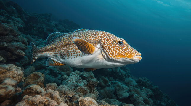 Spotted coral cod swimming above rocky reef, tranquil underwater scene