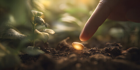 Fototapeta premium Human finger gently pressing a glowing golden seed into fertile soil