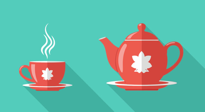 Red Tea Set: Hot Tea Cup and Teapot with Steam, Flat Design, Turquoise Background
