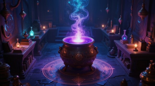 Mystical laboratory with glowing cauldron brewing magical potion. Bookshelves and flasks surround enchanted circle. Ethereal smoke rises from bubbling mixture in dark room.