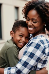 Obraz premium Smiling mother hugs son tightly. Close-up of happy family bond outdoors. Woman and boy share moment of love. Affectionate togetherness, pure joy on faces.