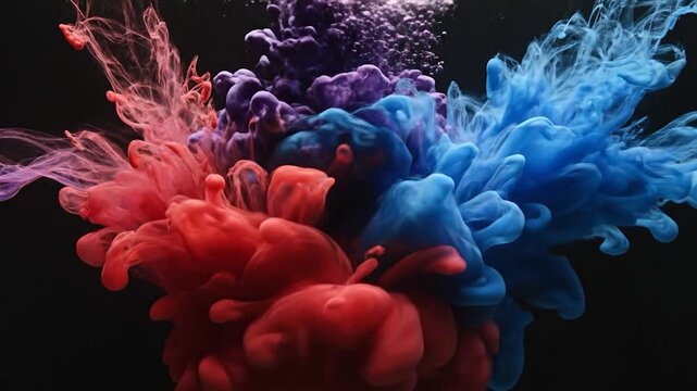 Red and blue colored liquids mixing in dark water