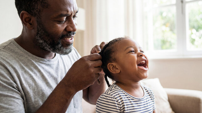Father's Day dad braiding daughter hair laughing bonding celebration campaign poster banner social media greeting card design