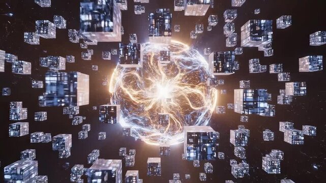 Abstract digital cubes and energy waves emphasizing network speed and cloud computing
